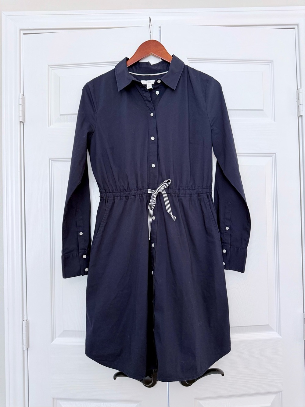 1901 from Nordstrom Navy Button-Front Shirt Dress with Drawstring (size M)